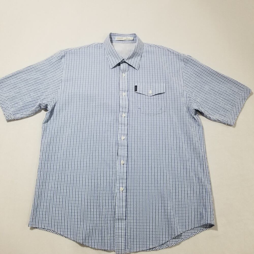 Criquet Shirt Mens XL Blue Seersucker Vented Button Gingham Check Short Sleeve